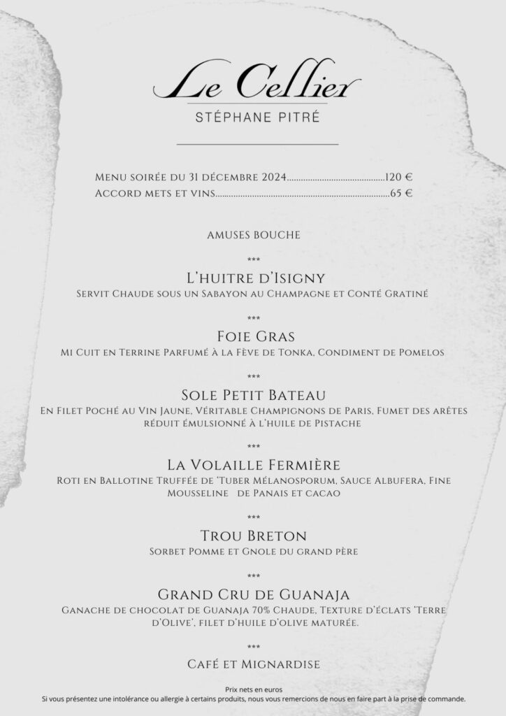 Menu du diner de la Saint Sylvestre le 31 décembre.