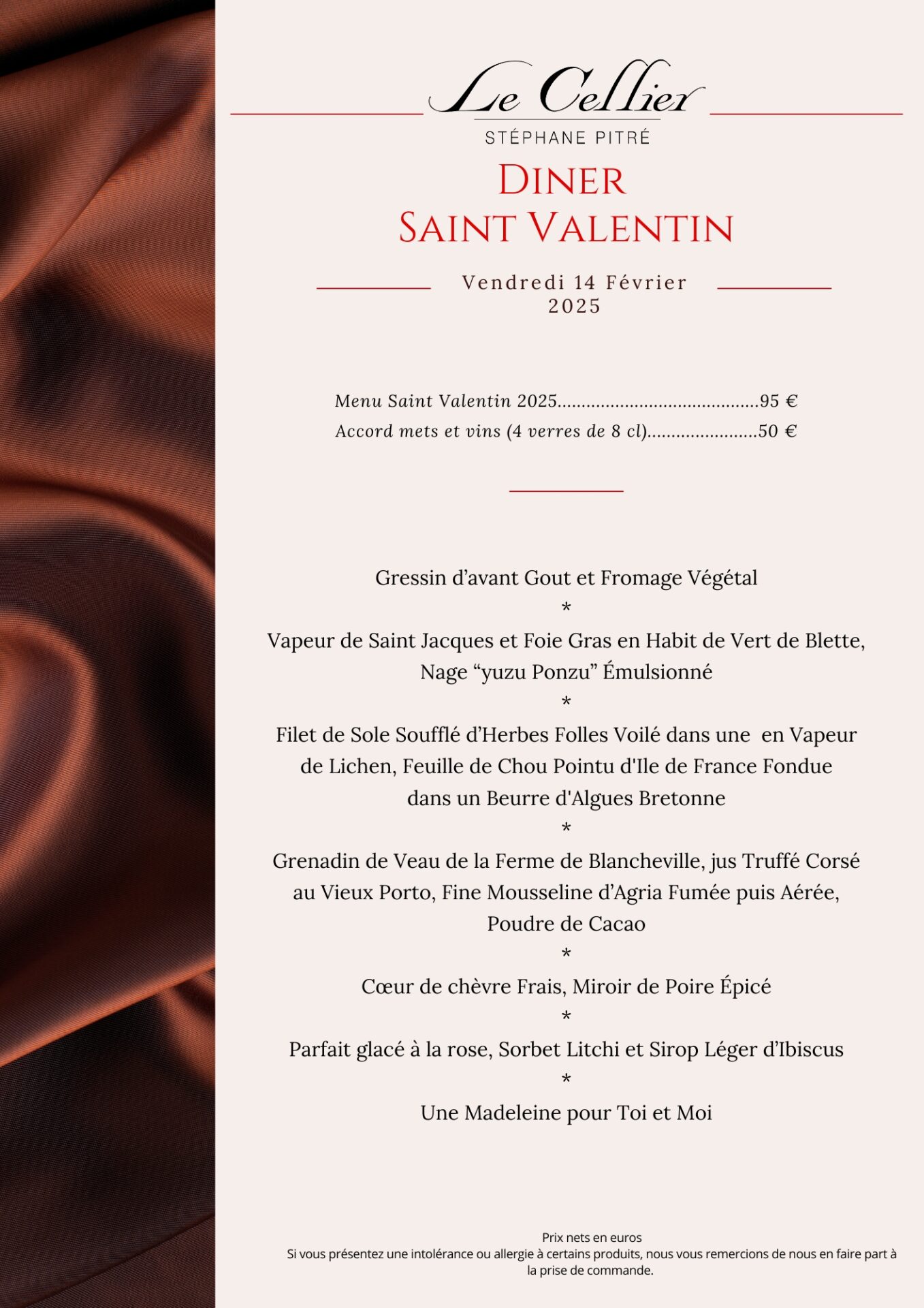 Menu saint Valentin au CELLIER