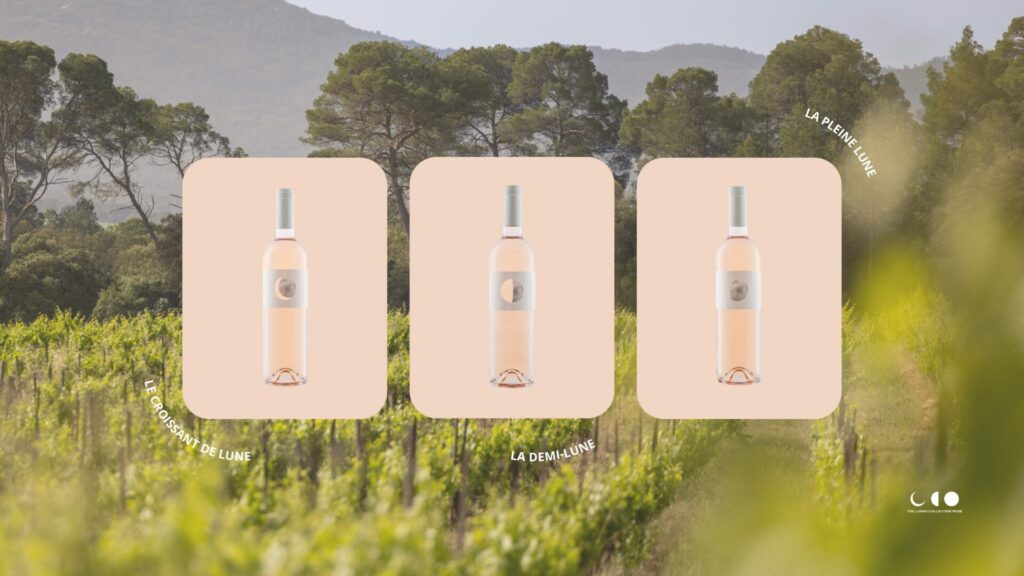 trois phases de la lune (croissant, demi-lune, pleine lune), chaque phase correspondant à un moment clé des vendanges.